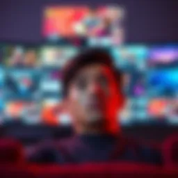 Frustrated viewer watching ads A person looks annoyed while watching a streaming service with multiple ads on the screen