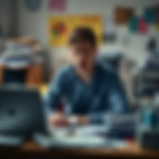 A young professional with a stressed expression sitting at a cluttered desk, looking overwhelmed with papers and a laptop, symbolizing workplace burnout and anger.