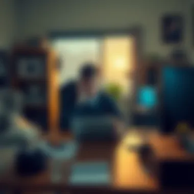 A worker sitting at a desk with a laptop looking frustrated, holding their head in their hands, surrounded by personal items that show a home environment.