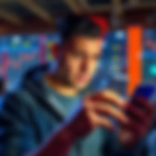 A person looking worried while checking XRP prices on a smartphone, with a comical expression indicating humor amid anxiety.