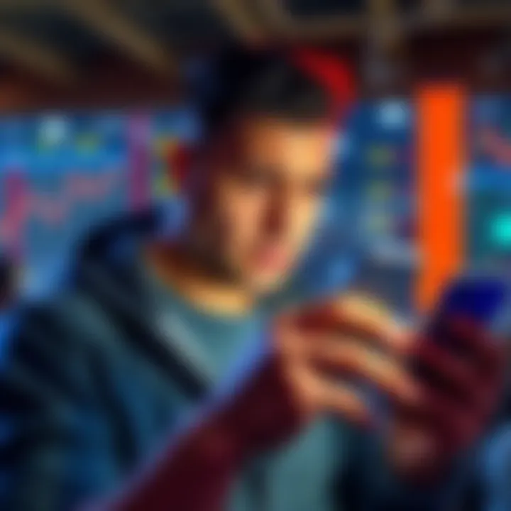A person looking worried while checking XRP prices on a smartphone, with a comical expression indicating humor amid anxiety.