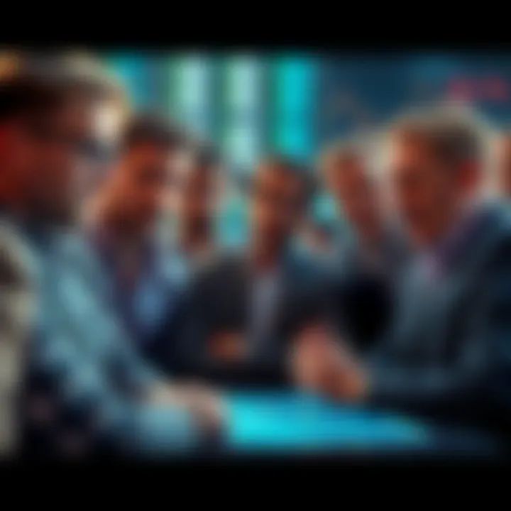 Group of unhappy investors discussing stagnant XRP prices with charts showing declining trends