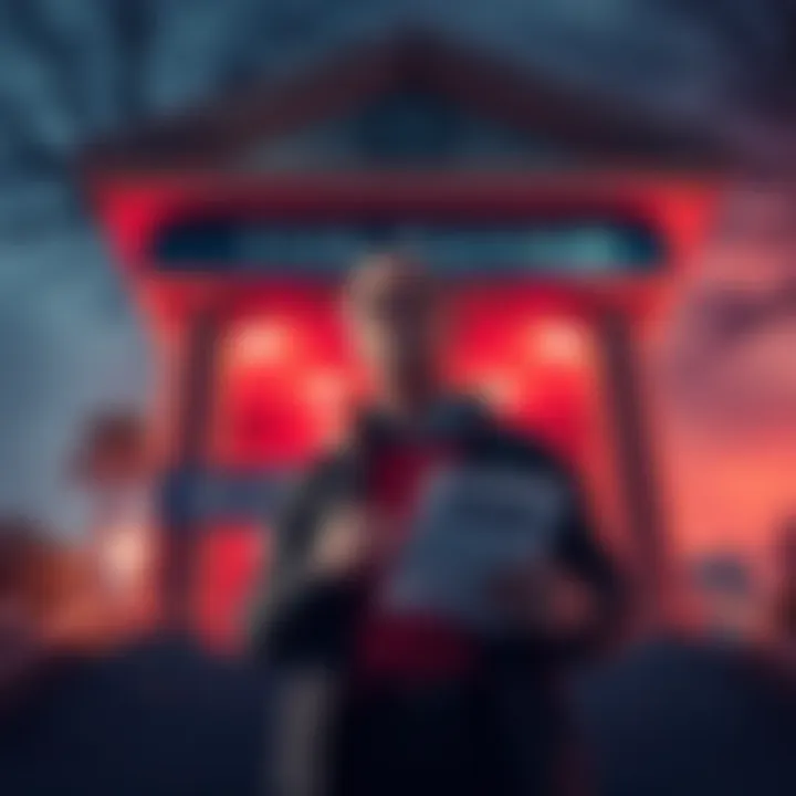 A frustrated individual standing in front of a bank with paperwork in hand, symbolizing the challenges of buying land in Florida.