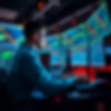 A full-time crypto trader sitting at a desk with multiple screens displaying charts and trading data, engrossed in analysis and decision-making.