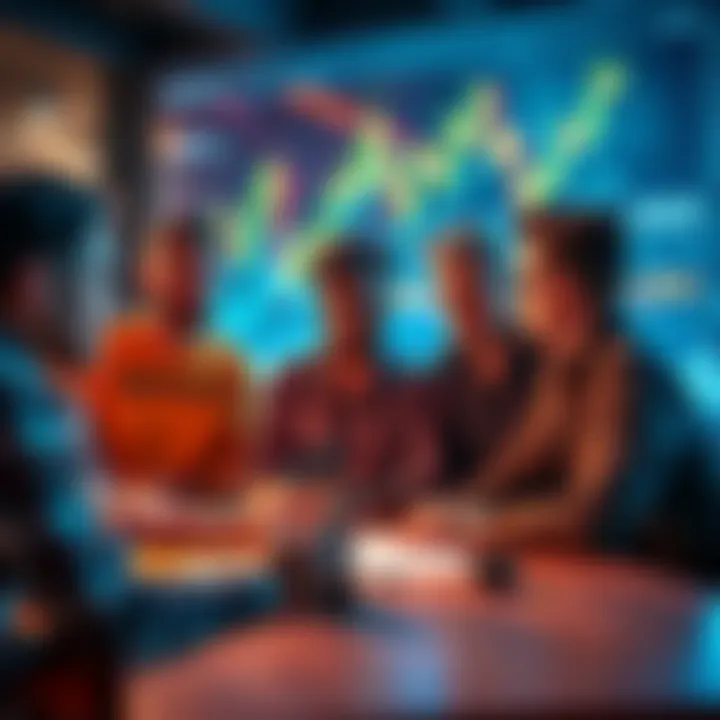 Funding Crypto Projects A diverse group of developers discussing their crypto project ideas with a laptop and digital charts in the background