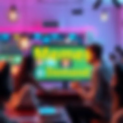 A group of people brainstorming and creating funny memes on computer screens in a playful atmosphere