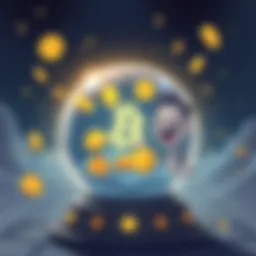 A cartoon image showing a crystal ball with Bitcoin symbols and a laughing character predicting prices in 2030