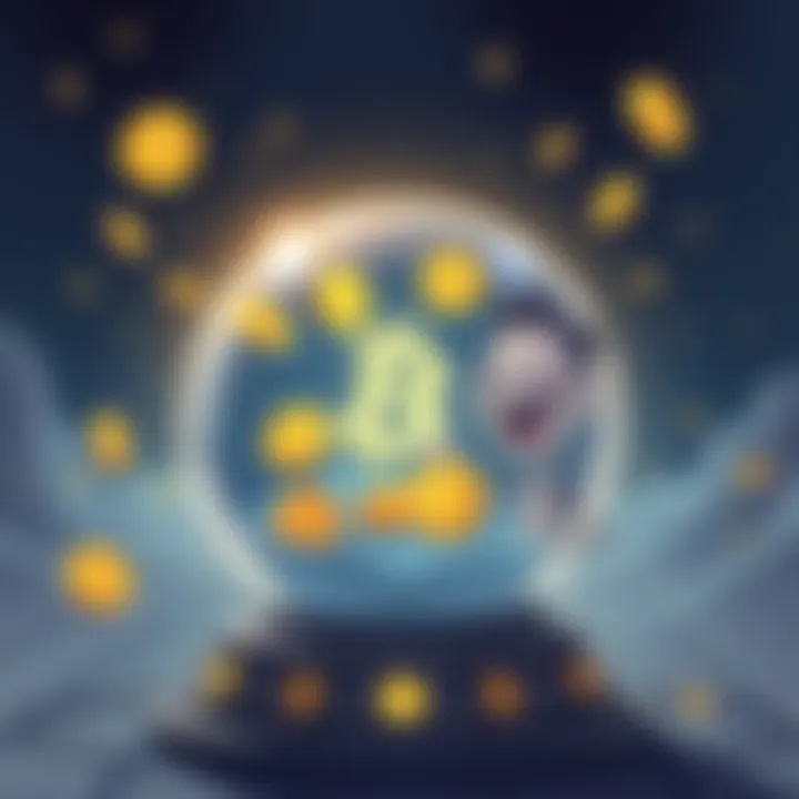 A cartoon image showing a crystal ball with Bitcoin symbols and a laughing character predicting prices in 2030