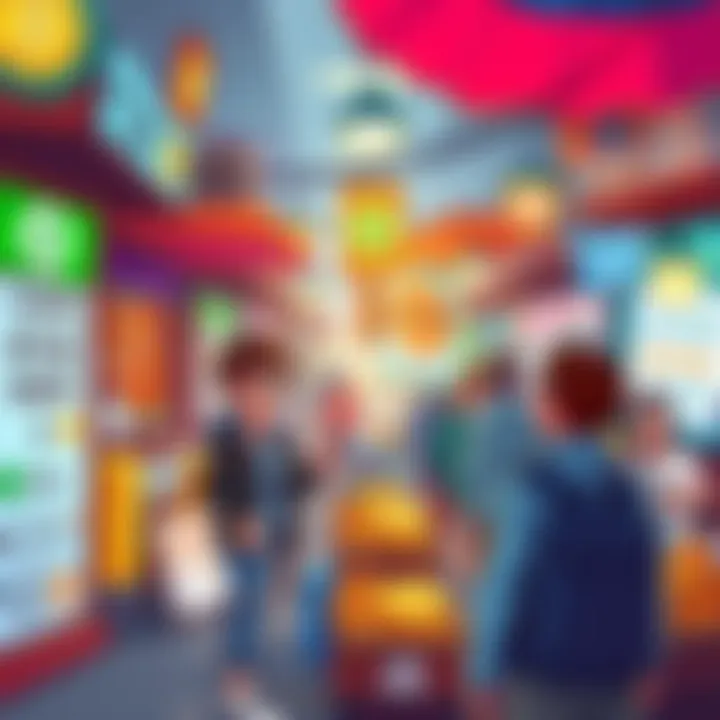 A cartoon depicting people joyfully trading cryptocurrency at a vibrant market filled with humorous signs about bitcoin and altcoins.