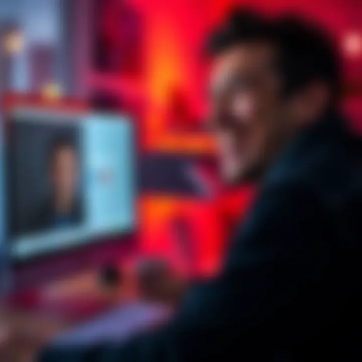 A person smiling joyfully while looking at a computer screen displaying a humorous profile picture and username