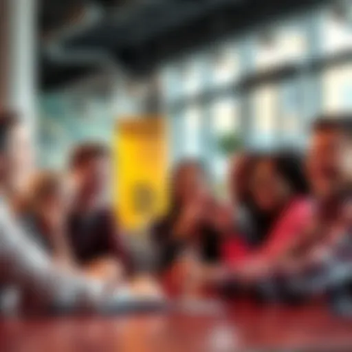 A group of diverse people laughing and showing surprised expressions while discussing Bitcoin at a cafe