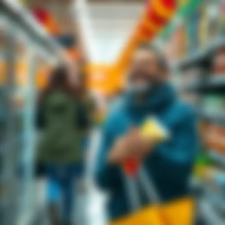 Funny Supermarket Moments A shopper laughing while holding a quirky grocery item in a busy supermarket aisle