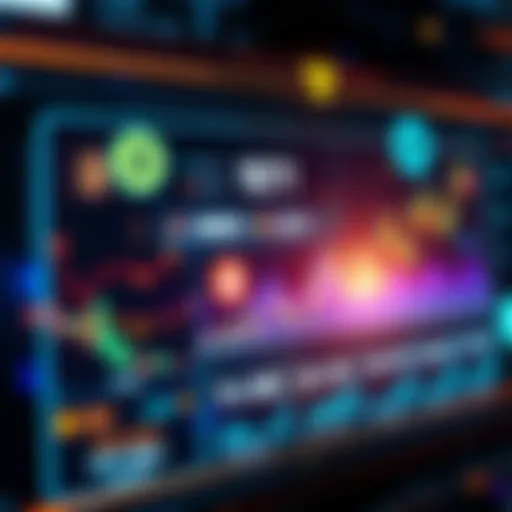 A digital representation of modern financial concepts, showcasing cryptocurrency symbols, banking apps, and charts on a futuristic screen.