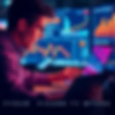 A person analyzing financial data on a laptop, with graphs and charts in the background, representing new ways to invest money.