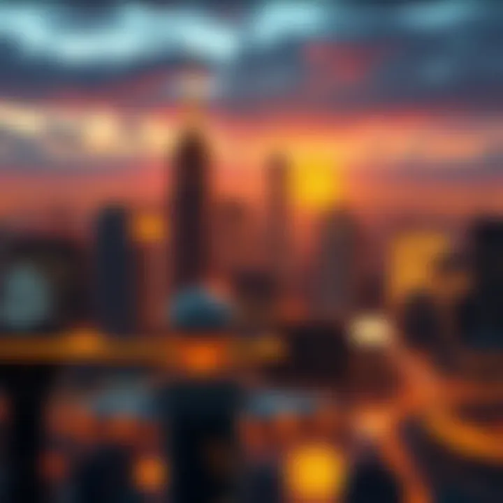 A futuristic city skyline with digital currency symbols and Bitcoin logos glowing in the background