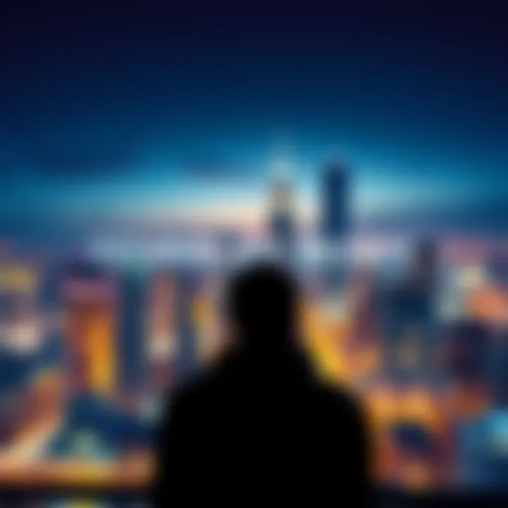 A person looking towards a city skyline, contemplating the future and market trends