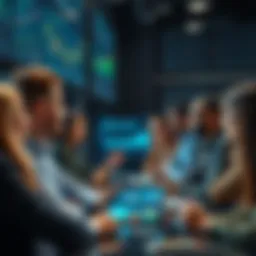 A group of diverse people discussing future trends and ideas in a modern setting, with digital screens displaying data and graphics around them.