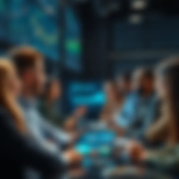A group of diverse people discussing future trends and ideas in a modern setting, with digital screens displaying data and graphics around them.