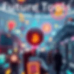 A futuristic representation of various innovative tools for cryptocurrency like digital wallets and trading platforms, showing a vibrant tech landscape with people discussing ideas.