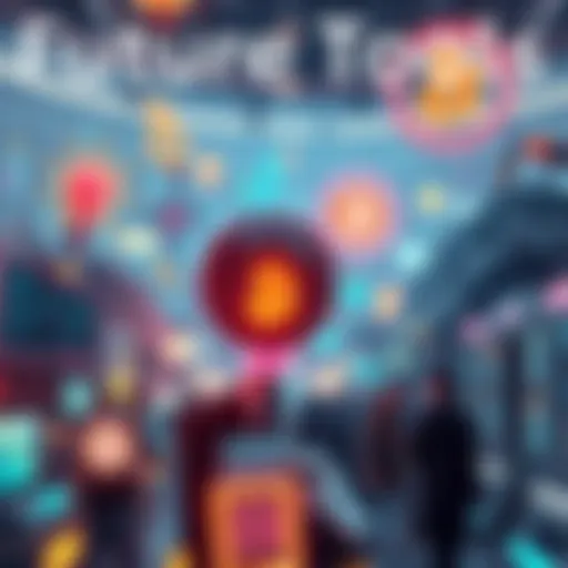A futuristic representation of various innovative tools for cryptocurrency like digital wallets and trading platforms, showing a vibrant tech landscape with people discussing ideas.