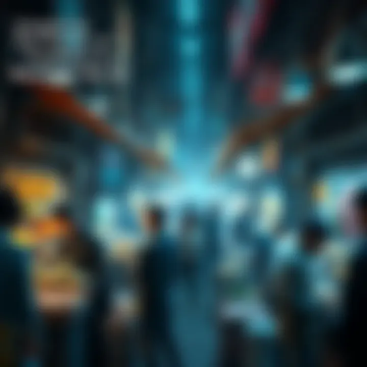 A futuristic scene showing people trading goods without cash, using digital devices and a vibrant market atmosphere.