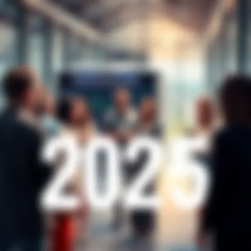 A diverse group of people discussing trends and changes in a modern setting, symbolizing social, economic, and political developments for 2025