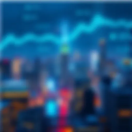 A modern city skyline with digital financial data overlays, representing the evolution of financial architecture in the U.S.