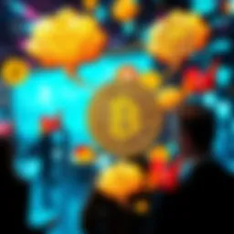 A digital collage representing people's predictions for Bitcoin in five years, featuring a Bitcoin symbol, charts, and thought bubbles, set against a futuristic background.