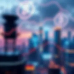 Future of Cryptocurrency A futuristic city skyline with digital currency symbols glowing in the background, representing the growth of cryptocurrency in 2026