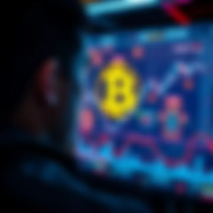 A person looking at a digital screen displaying cryptocurrency symbols and charts, symbolizing the future and potential of cryptocurrency technology.