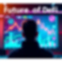 Future of DeFi A person looking at digital financial charts on a screen, with symbols of stablecoins and blockchain around them.