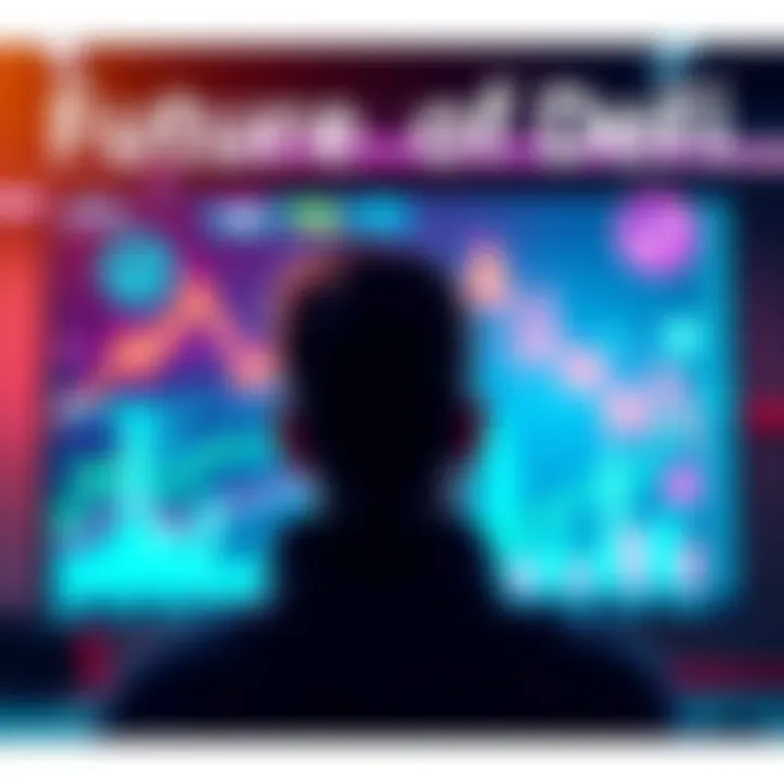 Future of DeFi A person looking at digital financial charts on a screen, with symbols of stablecoins and blockchain around them.