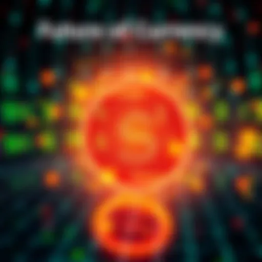 Illustration showing digital currency symbols and a dollar sign merging into a digital grid, representing the evolution of finance.