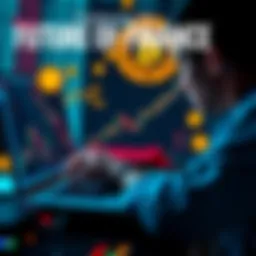 A person looking at digital financial charts on a laptop, with cryptocurrency symbols in the background.