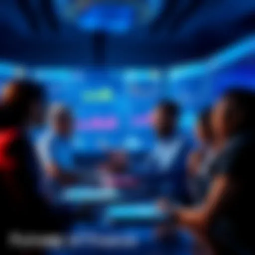 A group of diverse people discussing financial technology innovations with digital screens showing charts and graphs in the background.