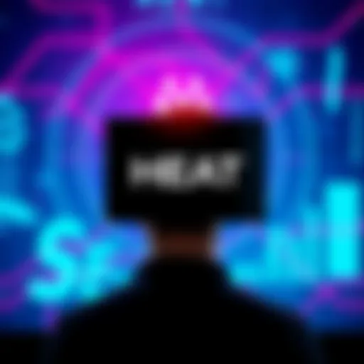 A person looking at a digital screen displaying the HEAT logo and the Hashgraph network, contemplating the project's future.