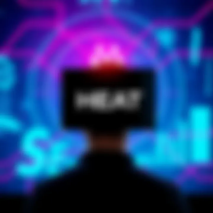 A person looking at a digital screen displaying the HEAT logo and the Hashgraph network, contemplating the project's future.