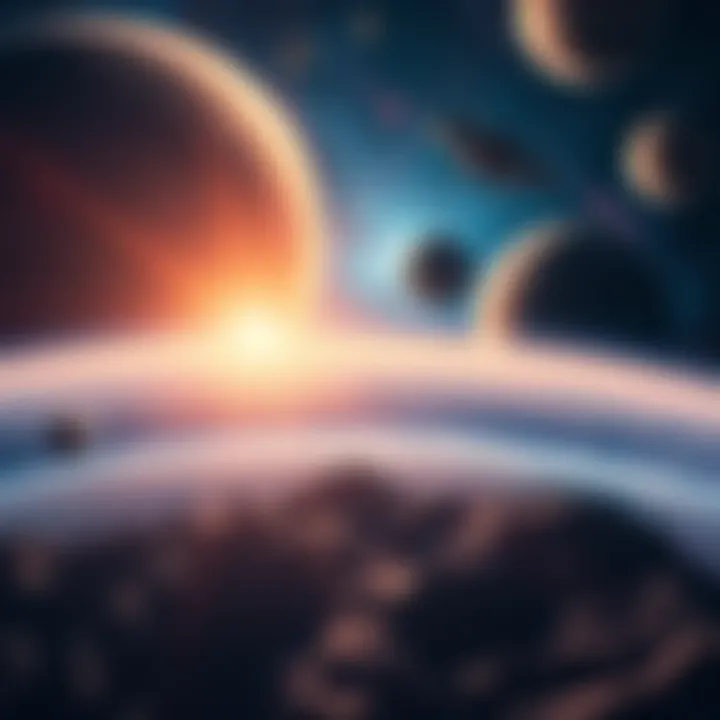 A vibrant depiction of space exploration with planets, stars, and a spacecraft in the distance.