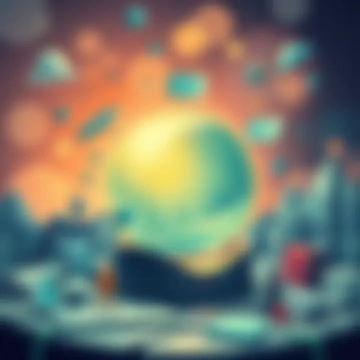 An illustration showing a crystal ball with various icons representing technology, environment, and economy around it, symbolizing future predictions.