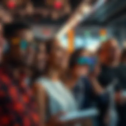 A diverse group of people looking excitedly at futuristic technology devices, symbolizing optimism and innovation in the tech industry.
