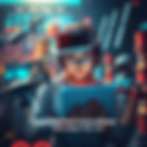 A person using a tablet surrounded by futuristic technology elements like drones and virtual reality headsets