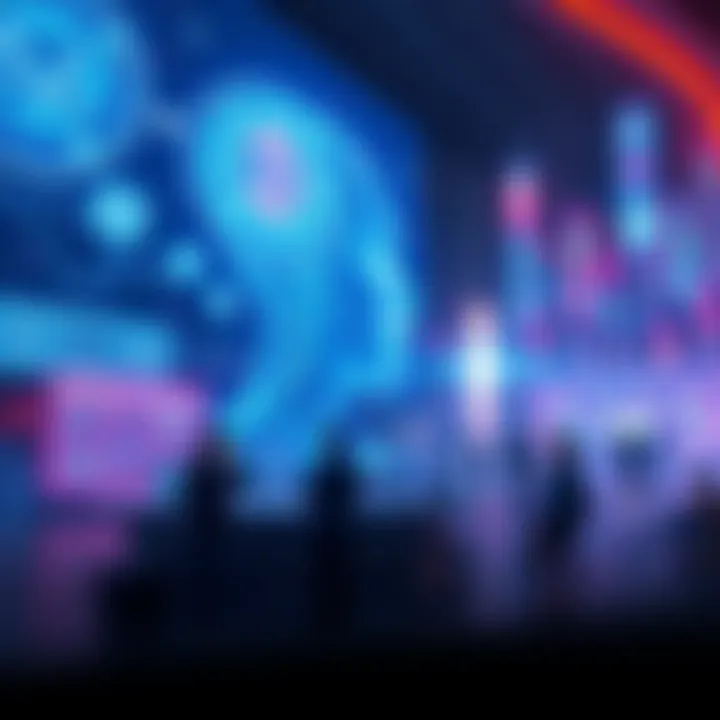 A futuristic scene showing advanced technology like AI and blockchain. Depictions of digital networks and smart devices in a modern setting. People interacting with tech innovations.