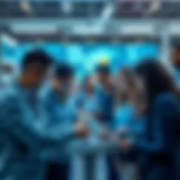 A team of diverse engineers collaborating on advanced technology designs with digital screens showing connectivity and sustainability concepts