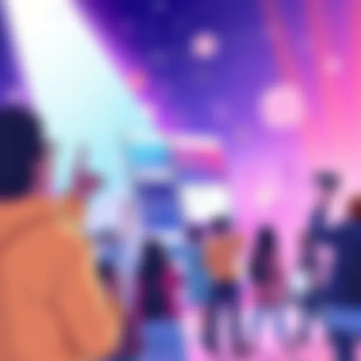 Illustration showing the FutureCast app interface with people making predictions and a community celebrating the launch