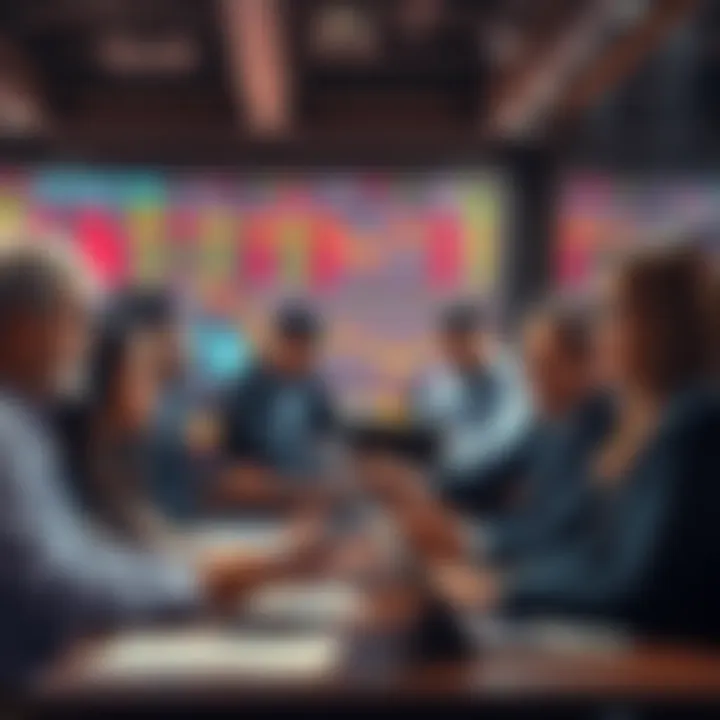 A diverse group of traders discussing futures copy trading with charts and laptops