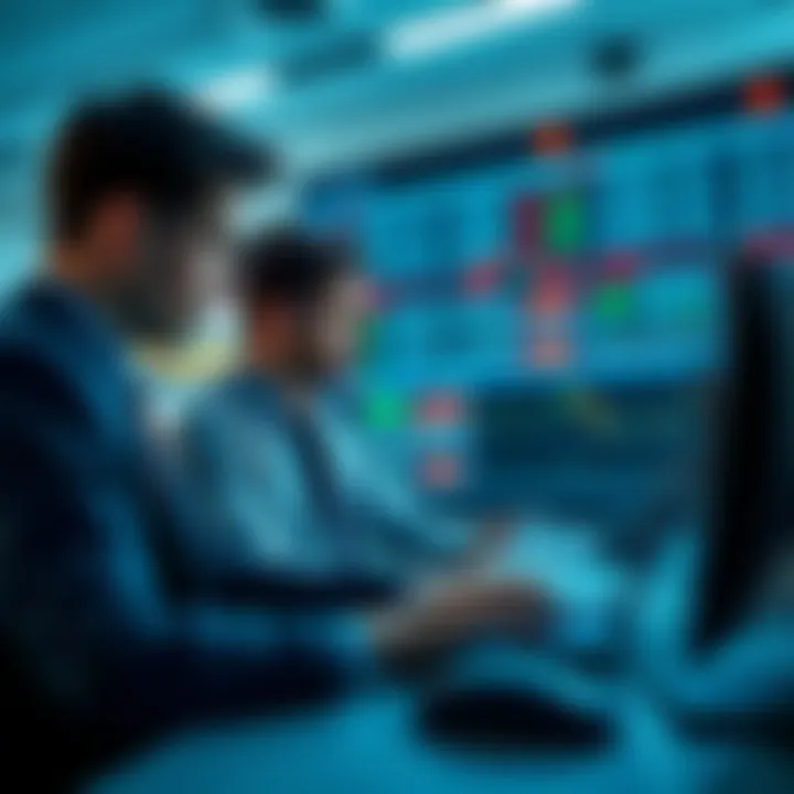 Traders analyzing charts and data related to futures trading in an office setting