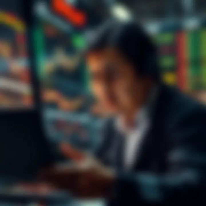 A trader examining market graphs with a worried expression, symbolizing the impact of new trading restrictions in Spain.