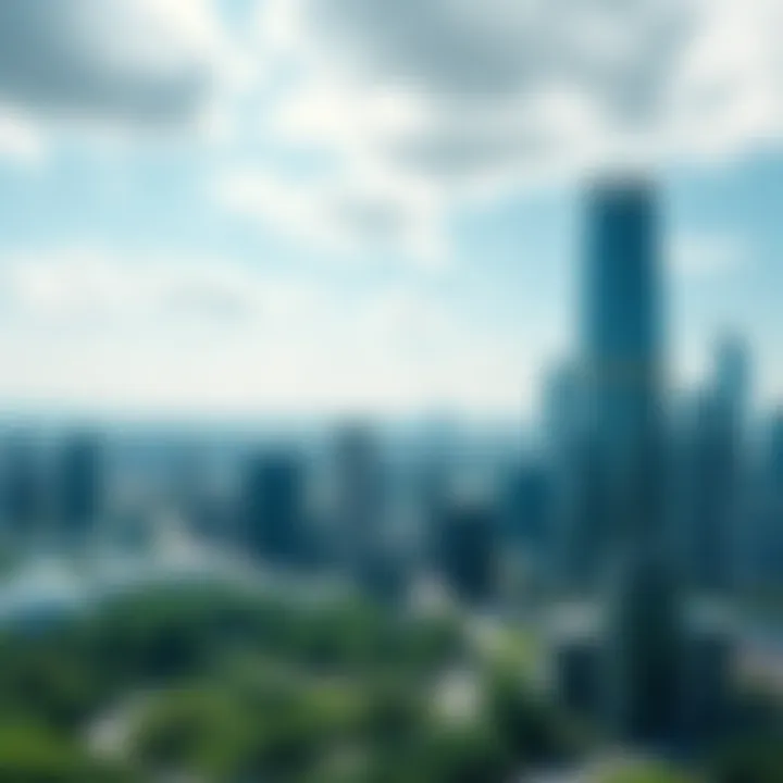 A modern city skyline with green spaces and advanced technology, showcasing a bright future.