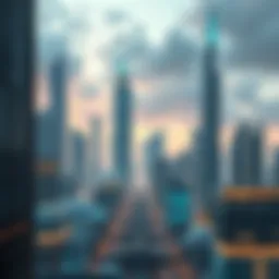 A modern city skyline with advanced buildings and technology, showcasing the future of society and innovation.