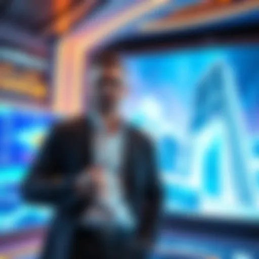 A futuristic scene showing a crypto financial advisor in stylish attire, surrounded by advanced technology and digital displays. The advisor presents confidently, embodying a modern and bold image sui...